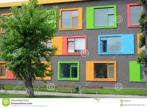 Photo about Colorful facade of the school of arts in Kiev, Ukraine. Image of colors, education, tree - 30989797 Facade Color, Colorful Facade, School Building Plans, Structure Painting, School Building Design, School Of Arts, Kindergarten Design, Entrance Gates Design, Building Painting