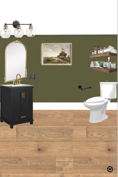 Black Vanity Green Walls, Half Bathroom With Black Vanity, Green Black Beige Bathroom, Half Bath Green Walls, Green And Gold Half Bathroom, Black Vanity Half Bath, Black Vanity Gold Hardware Powder Room, Green Bathroom Black Vanity, Half Bath Black Vanity