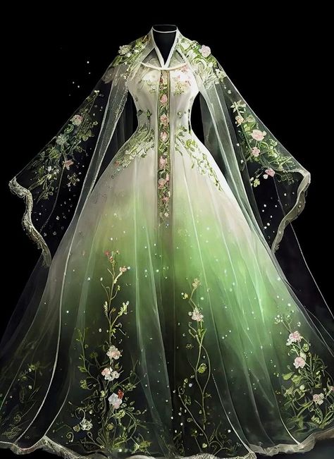 Formal Japanese Dress, Fantasy Gowns Queens Fairytale, Gown Dress Design, Spring Court, Elf Dress, Digital Dress, Magical Dress, In Disbelief, Old Fashion Dresses