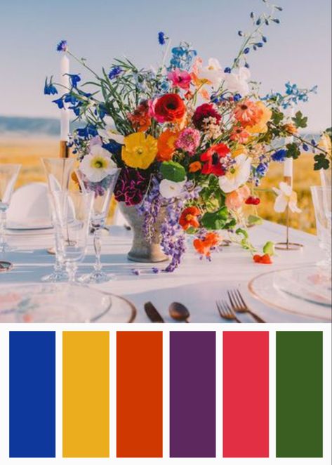 Bright Autumn Color Palette Wedding, Bold Pallete Color, Colourful Wedding Colour Palette, Bright And Bold Color Palette Wedding, Wedding Colour Schemes Bright, Rainbow Color Wedding Theme, Whimsical Bright Wedding, Summer Wedding Flowers August, Bright Wedding Colour Schemes