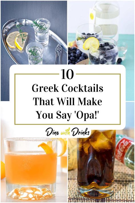 Collage of 4 greek cocktails. Mocktails Greek, Greek Alcoholic Beverages, Mediterranean Cocktails Drinks, Greek Mixed Drinks, Toga Party Drinks, Ouzo Cocktail Drink Recipes, Greek Inspired Cocktails, Greek Cocktails Recipe, Greek Alcoholic Drinks