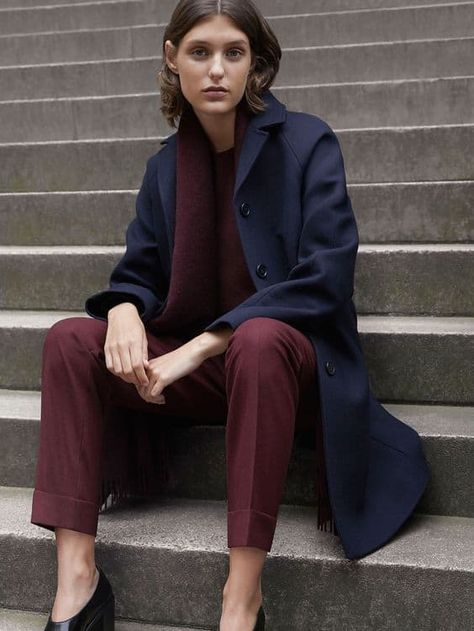 Navy & Burgundy. Navy Blue Coat Outfit Winter, Navy And Burgundy Outfit, Navy Coat Outfit Winter Wear, Burgundy And Blue Outfit, Navy Blue Coat Outfit, Navy Coat Outfit, Burgundy Pants Outfit, Blue Coat Outfit, Blue Outfit Winter