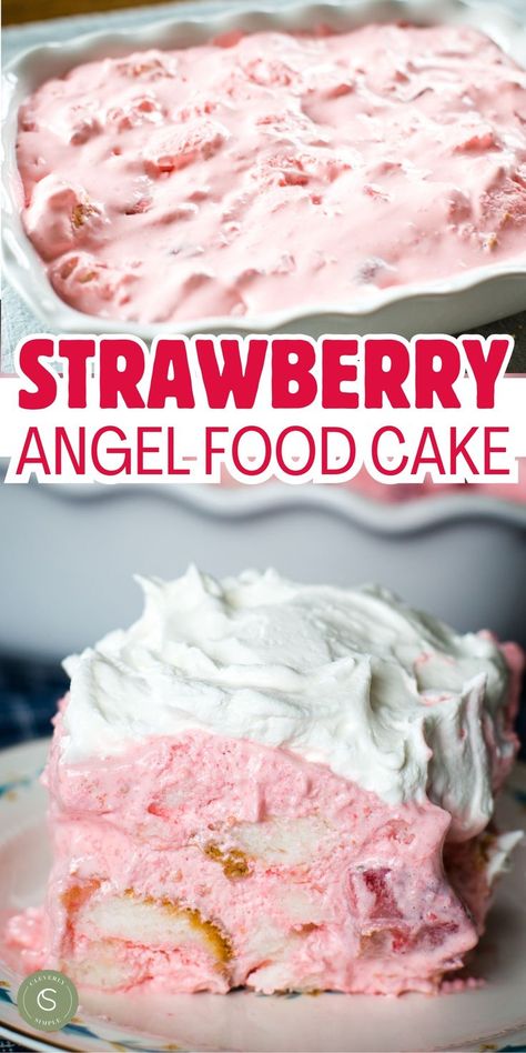 view of strawberry angel food cake in dish and slice on plate Fresh Strawberry Recipes Desserts, Frozen Fruit Salads, Tea Cookies Recipe, Lemon Angel Food Cake, Chocolate Angel Food Cake, Homemade Frosting Recipes, Strawberry Angel Food Cake, Angel Food Cake Desserts, Strawberry Sweets