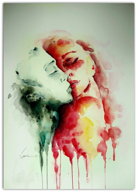 Drawing Of Lovers Kiss, Watercolour Couple Painting, Watercolor Human Figures, Love Watercolor Paintings, Vulnerable Art, Watercolor Pencil Art, Watercolor Love, Lesbian Art, Romance Art