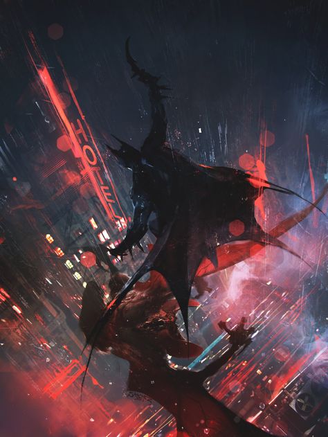 Stunning pic of Batman encountering Man-Bat, his monstrous, bat-like enemy, by artist Reynan Sanchez Man Bat, At Night, A Man, The City, Batman, Red, Blue, Art