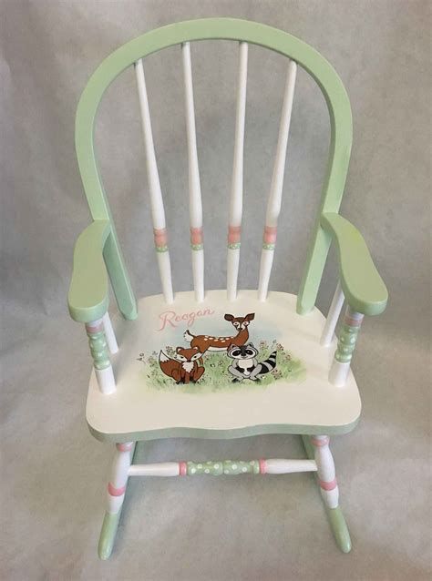 Kids Painted Furniture, Painting Kids Furniture, Rocking Chair Makeover, Painted Rocking Chairs, Hand Painted Chairs, Diy Kids Furniture, Kids Rocking Chair, Painted Stools, Whimsical Painted Furniture