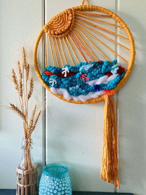 Sea Theme Nursery, Macrame Sun, Sea Nursery, Art Yarn Handspun, Theme Nursery, Under The Sea Theme, Rug Yarn, Woven Wall Art, Dream Catcher Diy