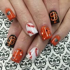 Giants Nails Baseball, Sf Giants Nails Designs, Sf Giants Nails, Giants Nails, Nails Baseball, Team Nails, Sport Nails, Pedicure Art, Artsy Nails