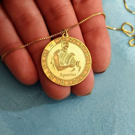 "14k Solid Gold Aquarius 🌠 Zodiac Necklaces" Aquarius Necklace, Ankh Necklace, Sunshine Necklace, Alphabet Necklace, Lotus Necklace, Zodiac Sign Necklace, Celestial Necklace, Nameplate Necklace, Gold Sun