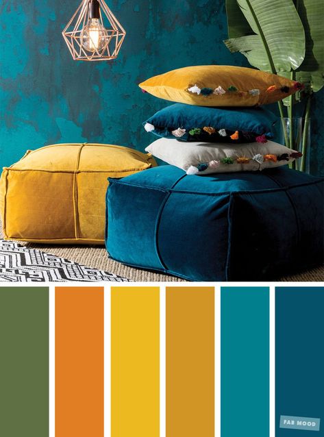 Beautiful Color inspiration the palette of copper Green Mustard + Peacock & Teal. We showed you how to incorporate mustard with other colors, this will Mustard Color Scheme, Pola Cat Dinding, Design Seed, Turquoise Room, Dekorere Bad, Color Schemes Colour Palettes, Living Room Color Schemes, Hiasan Bilik, Room Color Schemes