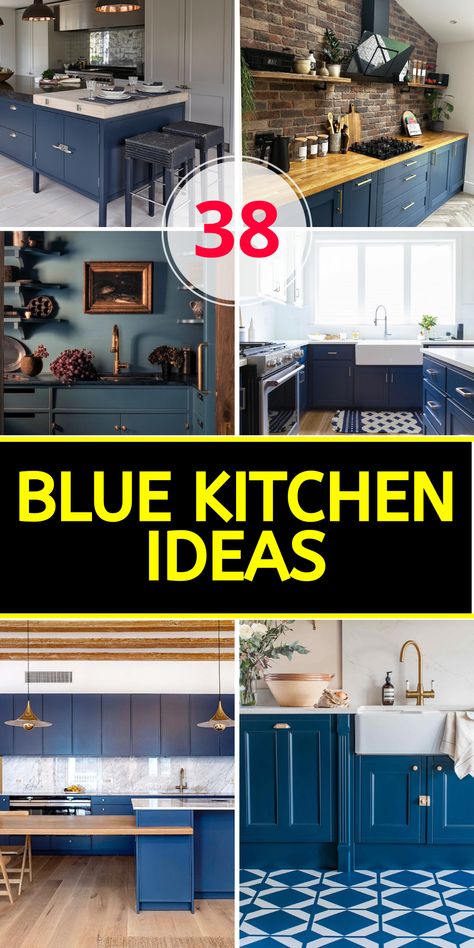 38 Blue Kitchen Ideas: Inspire Your Home with Oceanic Tones Navy Blue Kitchen Cabinets Tile Floor, Modern Farmhouse Kitchens Blue Cabinets, Blue Cabinets In Kitchen, Blue Kitchen Design Ideas, Small Kitchen No Window, Blue Bottom Cabinets White Top, Wood And Blue Kitchen, Blue Kitchens Ideas, Kitchen Island Color Ideas