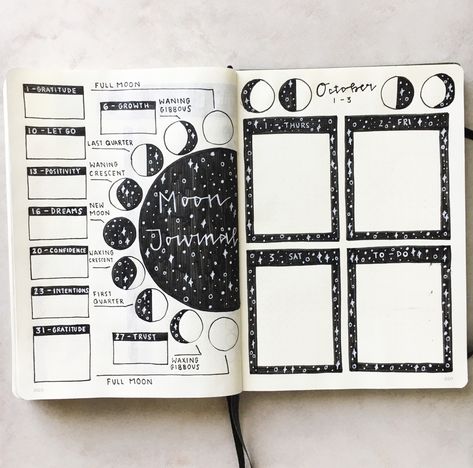 Bujo New Year Set Up, Bujo Moon Theme, Celestial Bullet Journal Theme, Astrology Bullet Journal, Dark Journaling, Bujo Purple, Moon Bullet Journal, Space Bujo, Bullet Journal Halloween