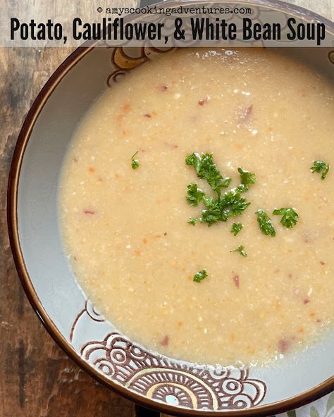 Amy's Cooking Adventures: Potato, Cauliflower, & White Bean Soup Potato And White Bean Soup, Crockpot Cauliflower, Green Beans Soup, Cauliflower Potatoes, Boxed Mac And Cheese, Loaded Potato Soup, Corned Beef Hash, Loaded Potato, White Bean Soup