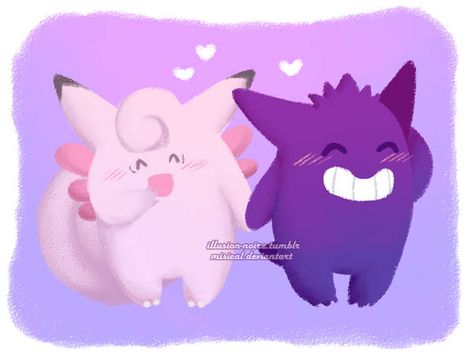 Gengar x clefable Pokémon Gengar And Clefairy, Gengar And Clefable, Cute Gengar, No Romance, Court Jester, Catch Em All, I Am A Queen, Art Sketchbook, Pikachu