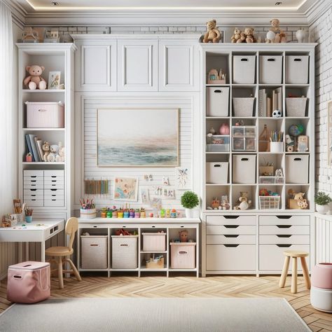 Mastering Playroom Organization with Stylish Storage Playroom With Storage, Playroom Built In Storage, Ikea Playroom Storage, Playroom Toy Organization, Functional Playroom, Living Room Toy Storage, Playroom Storage Ideas, Ikea Playroom, Toy Room Organization