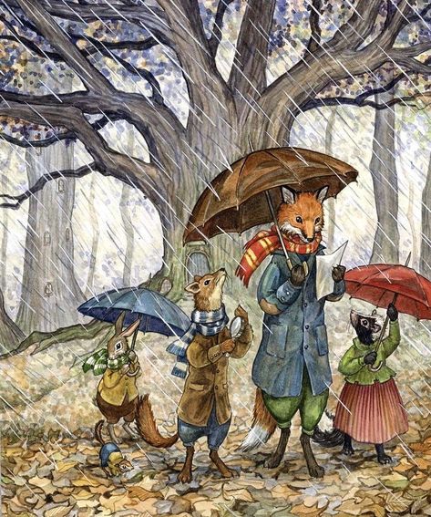 Astrid Sheckels Art on Instagram: “Rainy autumn days.🍂 . . . #astridsheckelsart #vintagestyle #watercolor #illustration #details #whimsicalart #whimsicalwonderfulwild #autumn…” Children Stories, Autumn Animals, Friends Card, Storybook Art, Fox Illustration, Autumn Illustration, Fantasy Paintings, Fairytale Art, Woodland Creatures