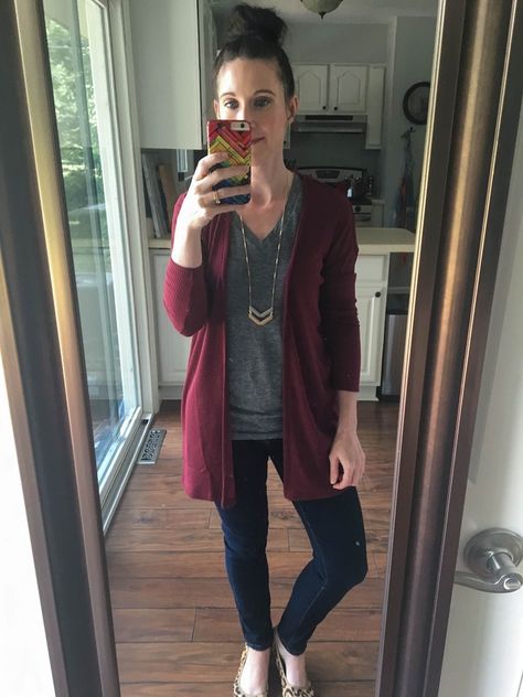 Burgundy Cardigan, Gray T-Shirt, Chevron Necklace, & Leopard Print Shoes Outfits With Burgundy Cardigan, Burgundy Cardigan Outfit Winter, Burgandy Cardigan Outfits, Burgundy Cardigan Outfit Fall, Maroon Cardigan Outfit, Burgundy Cardigan Outfit, Camo Shirt Outfit, Coatigan Outfit, Cardigan Street Style