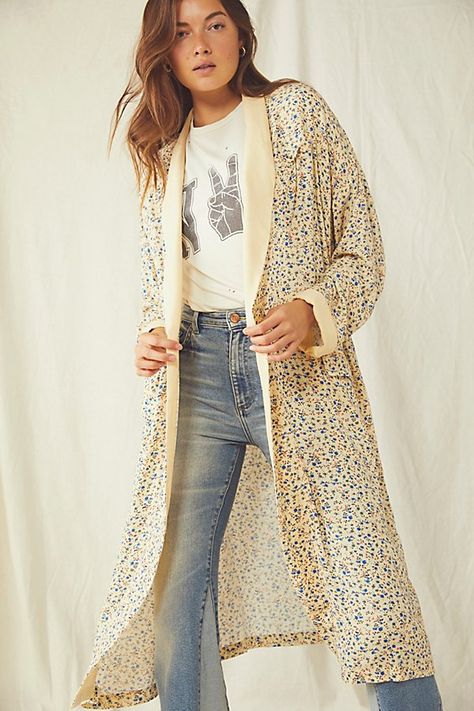 Free People Kimono, Denim Jacket With Hoodie, Floral Duster, Buttercup Yellow, Tie Dye Jeans, Hooded Denim Jacket, Flowy Fabric, Floral Robes, Free People Jacket