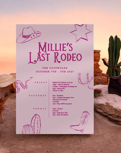 Round Up the Girls with Our Last Rodeo Hen Do Itinerary Template! Get ready for a wild ride with our fun and customizable "Last Rodeo" Hen Do Itinerary Template! This eye-catching design features a playful cowboy hat and cactus motif, perfect for your cowgirl-themed bachelorette party. What's Included: Editable A5 itinerary template with a western design Easy-to-follow instructions ---------------------------------------------------------------------------------- What You Can Customize: All text Last Rodeo Hens, Cowboy Hen Party, Cowgirl Hen Do, Bachelorette Cowgirl Theme, Cowgirl Hens, Hen Do Themes, Cowboy Knot, Baby Shower Place Cards, Cowgirl Bachelorette Party