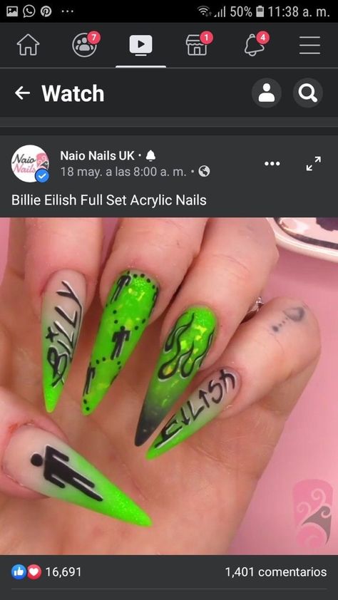 Billie Eilish Acrylic Nails, Billie Eilish Nails Ideas, Billie Eilish Nails Design, Rock Concert Nails, Billie Nails, Billie Eilish Nails, Concert Nails, Rock Nails, Stylish Nails Designs