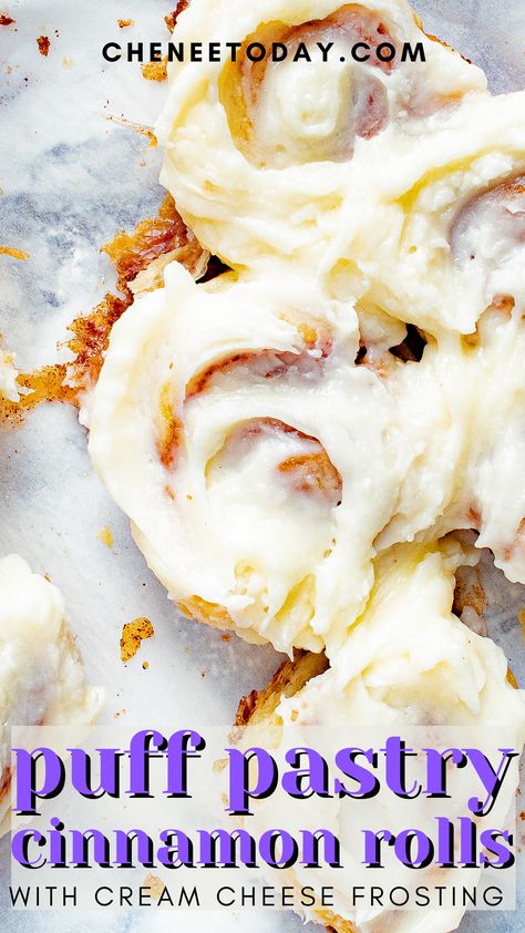 Cinnamon Rolls Cream Cheese Frosting, Cinnamon Rolls Cream, Puff Pastry Cinnamon Rolls, Pastry Cinnamon Rolls, Brunch Sweets, Puff Pastry Cinnamon, Egg-free Recipes, Cream Cheese Puff Pastry, Cinnamon Rolls With Cream