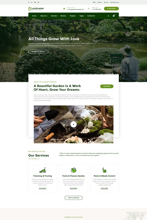 The "Landscop" WordPress theme is a garden and landscaping theme designed for creating beautiful and functional websites for landscaping companies, gardeners, outdoor design agencies, and related businesses. It offers a range of features and customization options to showcase your services, projects, and expertise in a visually appealing way. Spring Landscaping, Green Branding, Lawn Service, Garden Services, Landscaping Company, Home Quotes And Sayings, Free Quotes, Wordpress Themes, Theme Design