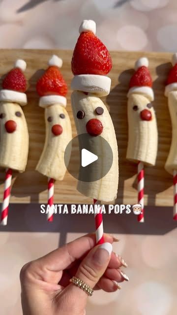 Melissa on Instagram: "SANTA BANANA POPS🎅🏼

Welcome to episode 16 of @melissas_healthykitchen festive eats series. Today it’s how to make santa banana pops🎅🏼. A super simple and festive snack idea for the holiday season. Make sure to save this one for later!

What you’ll need:
1. Bananas
2. Marshmallows
3. Strawberries
4. Mini marshmallows
5. Mini chocolate chips
6. Red chocolate (I used chocolate No No’s) 
7. Red and white paper straws

Instructions:
1. Slice banana in half
2. Add half of the banana to paper straw
3. Add marshmallow (I cut in thirds)
4. Add whole strawberry
5. Add mini marshmallow
6. Add mini chocolate chips for eyes
7. Gently press in a red candy for nose
.
.
#festivefood #christmasfood #holidaypartyfood #fruitskewers #snackideas #snacksforkids #holidayfood #easysnac Banana Santa, Banana Pops, Fruit Skewers, Red Chocolate, Holiday Party Foods, Mini Marshmallows, Santa Clause, Red Candy, Baking Ideas