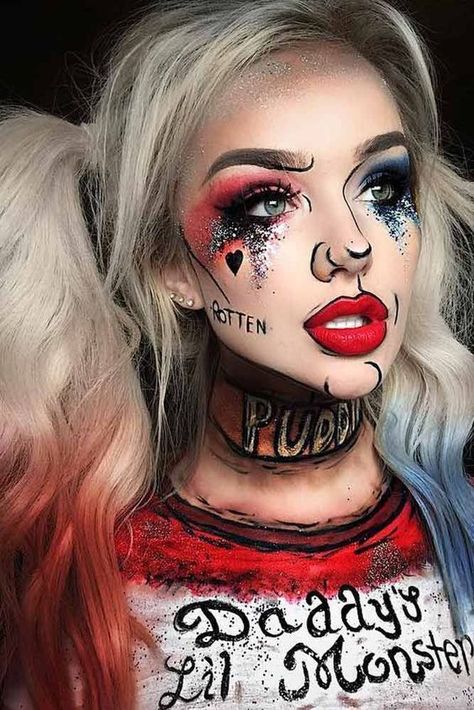 Harley Quinn Make-up, Makeup Karakter, Halloween Costumes Women Creative, Makeup Clown, Makeup Zombie, Harley Quinn Makeup, Halloweenský Makeup, Halloween Make-up Looks, Cute Halloween Makeup