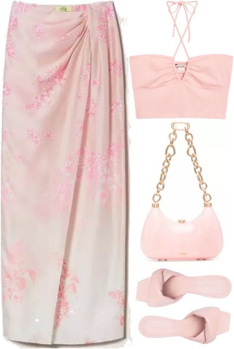 Pink Outfit | ShopLook Twinset Milano, Cult Gaia, Halter Crop Top, Satin Skirt, Outfit Shoplook, Pink Outfit, Halter Top, Leather Sandals, Pink Blue