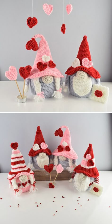 This is you and your sweetheart, yep? 🥰 Make this lovely Valentine's Gnome Set with a free crochet pattern. It’s a simple amigurumi gnome, but stunning. The set will be a nice gift for any pair you want to please on Valentine's Day. #freecrochetpattern #crochetgnome #amigurumi #amigurumignome #amigurumitoy #valentinesday #valentinesdaygift #valentinesdaygiftidea Crochet Valentine Treat Bags, Cute Valentines Day Crochet, Valentines Gnome Crochet Pattern Free, Easy Valentines Crochet Patterns, Valentine Crochet Gnomes Free Pattern, Valentines Gnome Crochet, Quick Valentines Crochet, What To Crochet For Valentines Day, Quick Crochet Valentine Gifts