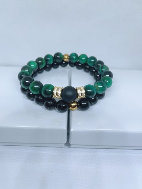 This gorgeous set is perfect bracelet set for every man. Can be worn with suit and tie or Classic jeans fit. Wonderful gift for hubby, son, brother or that special guy in your life. Our bracelets are stretchy and double stringed. Made with 10 MM Green Tiger Eye  & Black Onyx Beads. Men Beaded Bracelet Ideas, Handmade Gift For Him, Green Tiger Eye, Creative Creations, Gifts For Hubby, Black Onyx Bracelet, Bracelet Men, Onyx Bracelet, Father's Day Gifts