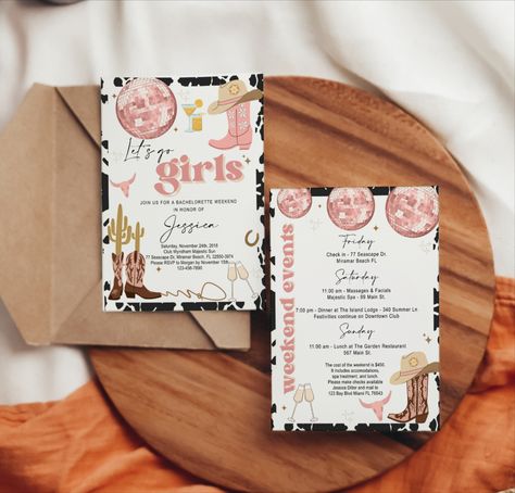 Cowgirl Bachelorette Party Invitations, Disco Cowgirl Bachelorette Invitation, Cowgirl Bachelorette Invitations, Nashville Bachelorette Invitations, Bach Itinerary, Bride Things, Birthday 15, Birthday 22, Bachelorette Invite