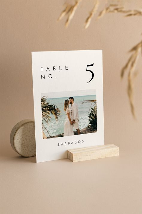 "This wedding table number sign template features a minimalist font and is easily editable! Personalize your photo table numbers and feature special memories and places, and other things that are meaningful to  you. See Matching Items in the Liv Collection: http://etsy.me/39JdU5h TRY THE DEMO  * * * * * * * * * * * * *  - Try the Demo at Corjl, copy and paste link into your browser: https://www.corjl.com/d/NO71G TIP: Desktop editing is best. Mobile and Tablet editing are not full-featured. WHAT Wedding Table Numbers Places, Table Number Alternatives Wedding, Photo Wedding Table Numbers, Places As Table Numbers, Table Number With Photo, Wedding Table Number Ideas With Pictures, Table Numbers Places Weve Been, Easy Table Numbers Wedding, Travel Table Numbers