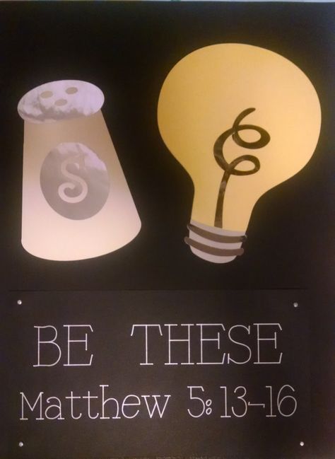 Using the Cricut Explore, I cut out a lightbulb and salt shaker. Then printed the words with a gray pen on black paper. Attached the sign with silver brads. Salt And Light Bulletin Board, Church Bulletin Boards, Church Bulletin, Salt And Light, Object Lessons, School Bulletin Boards, Salt Shaker, Class Ideas, Black Paper