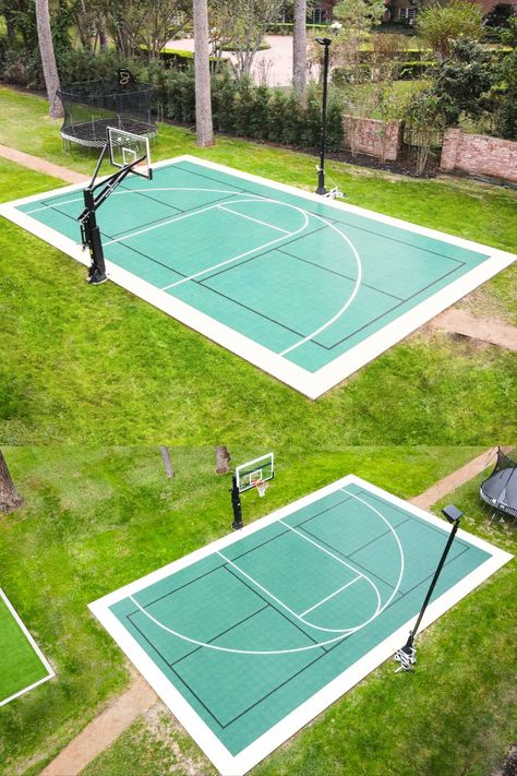 Basketball Pad In Backyard, Pickle Ball Basketball Court Backyard, Backyard Multi Sport Court, Basketball Pickleball Court, Backyard Basketball Pickleball Court, Pickleball Basketball Court Backyard, Backyard Pickleball Court Landscaping, Home Pickleball Court Ideas, Pickle Ball Court Backyard Diy