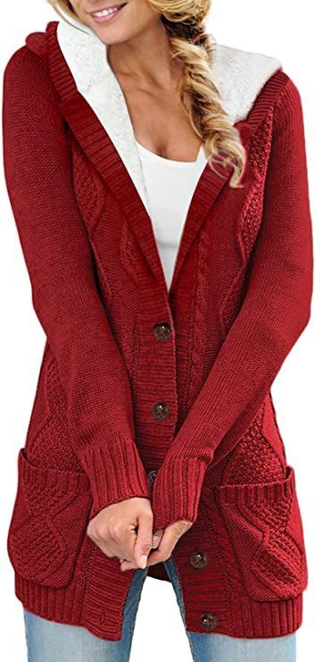 Sidefeel Women Hooded Fleece Lined Sweater Cardigan Button Down Front Winter Coat Plaid Cardigan, Cardigan Sweaters, Pocket Cardigan, Ribbed Cardigan, Knitted Coat, Hooded Cardigan, Striped Cardigan, Open Front Cardigan, Knit Sweater Cardigan