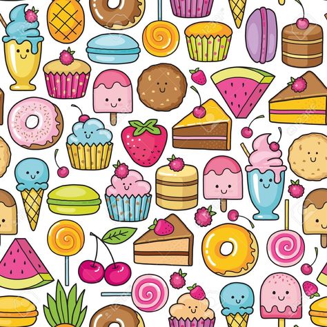 Sweet Treat Drawing, Doodle Cake, Watercolor Pans, Sweet Drawings, Kids Fabric, Cute Doodles Drawings, Bullet Journal Writing, Seamless Background, Cartoon Design