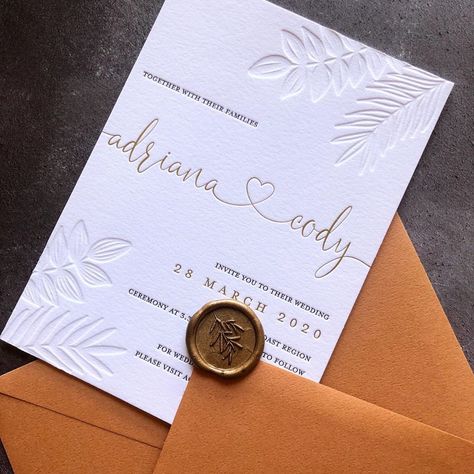 Blind letterpress and gold foil wedding invitations Blind Letterpress, Terracotta Wedding Invitation, Cricut Invitations, Embossed Wedding Invitations, Cricut Wedding Invitations, Orange Wedding Invitations, Gold Foil Wedding Invitations, Polka Dot Paper, Watercolor Card