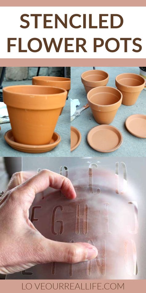 Easy Stenciled Terra Cotta Flower Pots - Simple paint DIY project. Stencil your favorite words on a clay pot for a beautiful homemade pot. Cheap and perfect way to display your spring flowers. Stencil Terra Cotta Pots, Painting With Stencils, Planter Crafts, Dining Room Decor Diy, Simple Paint, Terracotta Flower Pots, Chalk Paint Projects, Painted Terra Cotta Pots, Spring Craft