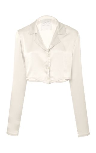 This **AWAVEAWAKE** Silk Button Down Top features a relaxed fit with a v neckline, notch lapel, long sleeves and cropped hem. Long Sleeve Silk Top, Silk Button Down, Silk Button Up Shirt, White Silk Top, V Neck Crop Top, Silk Crop Top, White Long Sleeve Top, White Button Down Shirt, White Long Sleeve Shirt