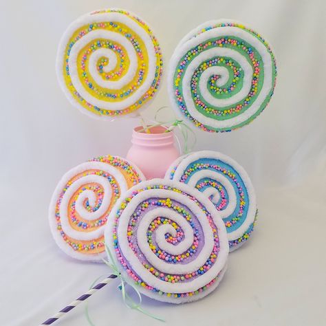 Yarn Lollipop, Fake Lollipop, Candy Christmas Decor, Star Lollipops, Large Lollipops, Candy Decor, Swirl Lollipops, Candy Balls, Pastel Candy