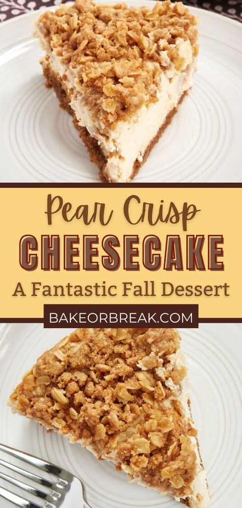 Pear Crisp Cheesecake combines sweet, cinnamon cheesecake with a layer of pear crisp for a fantastic fall dessert! What we have here is a sweet, creamy cheesecake underneath a layer of pears and an oat topping. And all of it is flavored with plenty of cinnamon. In other words, it’s fall baked into a cheesecake. Pear Cream Cheese Dessert, Dessert Recipes With Pears, Fall Pear Desserts, Pear Cheesecake Recipes, Dessert With Pears, Desserts With Pears, Pear Cheesecake, Pear Desserts, Fall Cheesecake