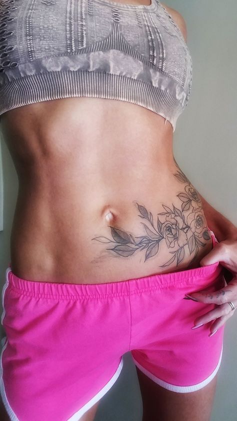 Tattoos Below Belly Button, Lower Belly Hip Tattoo, Under Belly Button Tattoos For Women, Belly Button Scar Tattoo Cover Up, Thigh To Stomach Tattoo, Stomach Stretch Mark Tattoo, Full Belly Tattoo, Abdominal Tattoos Women Lower, Lower Stomach Tattoos For Women Cover Up