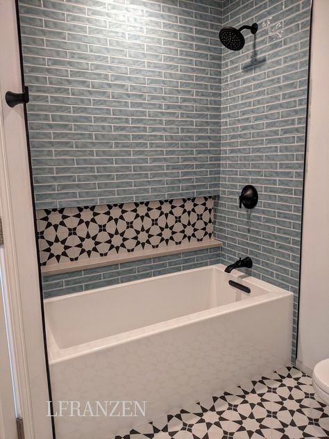 Blue Shower Tub Tile, Xl Tub Shower Combo, Tiny House Tub Shower Combo, Bathroom Tile With Tub Ideas, Tub With Tiled Walls, Redo Shower Tub Combo, Tile Shower With Tub Inside, Tiny Full Bathroom Ideas With Tub, Guest Bathroom With Tub Ideas