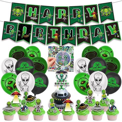 PRICES MAY VARY. 👽Alien Birthday Party Decorations: Celebrating your birthday party in SF way. This alien party supplies set is a fantastic decoration for kids, adults and alien fans, unique design, realistic details, it's perfect for inspiring the imagination of exploring extraterrestrial civilizations and adding the mysterious atmosphere of alien. 🛸Abundant Package: These alien party decorations include 1 "HAPPY BIRTHDAY" banner, 1 alien cake topper, 12 cupcake toppers, 16 alien latex balloo Spaceship Birthday Party, Spaceship Birthday, Alien Birthday Party, Alien Birthday, Alien Party, 16 Balloons, Cake Banner Topper, Kids Party Decorations, Birthday Supplies