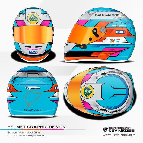 Samuel Yan helmet design project - On Arai SK6. ©2017 - K. ROSSI - All rights reserved. Formula 1 Helmet Design, Motorsport Helmet Design, Karting Helmet Design Ideas, Race Helmet Design, Karting Helmet Design, Racing Helmet Design Painting, Arai Helmet Design, Helmet Design Paint, F1 Helmet Design