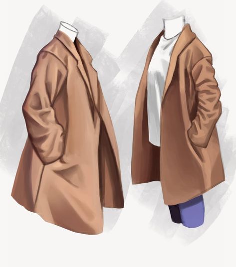 Coat Side View Drawing, How To Draw Coats Jackets, Jacket Shading Reference, Coat Outfit Drawing, Coat Reference Drawing, Jacket Reference Drawing, Jacket Off Shoulder Drawing Reference, Render Clothes, Clothes Rendering