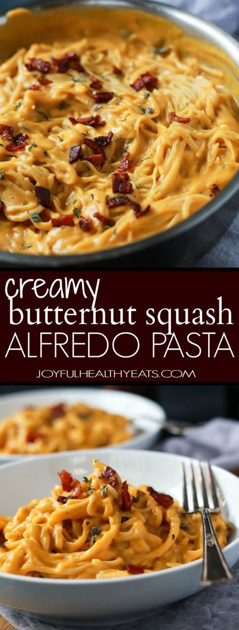 Creamy Butternut Squash Alfredo Pasta permeated with fresh sage and thyme then perfected with a garnish of salty bacon on top! The fall recipe is silky smooth, luscious, healthy and absolutely addicting. | joyfulhealthyeats.com #glutenfree #fall Butternut Squash Recipes Easy, Creamy Squash, Butternut Squash Alfredo, Squash Alfredo, Pasta Bacon, Gluten Free Fall Recipes, Easy Butternut Squash, Creamy Butternut Squash, Butternut Squash Pasta