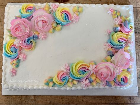 Pastel Sheet Cake Birthday, Rosette Sheet Cake Ideas, Half Sheet Cake With Flowers, Girly Sheet Cake Birthdays, Two Sweet Sheet Cake, Rainbow Cake Sheet, Sheet Cake With Rosettes, Rainbow Unicorn Sheet Cake Ideas, Unicorn Rainbow Sheet Cake