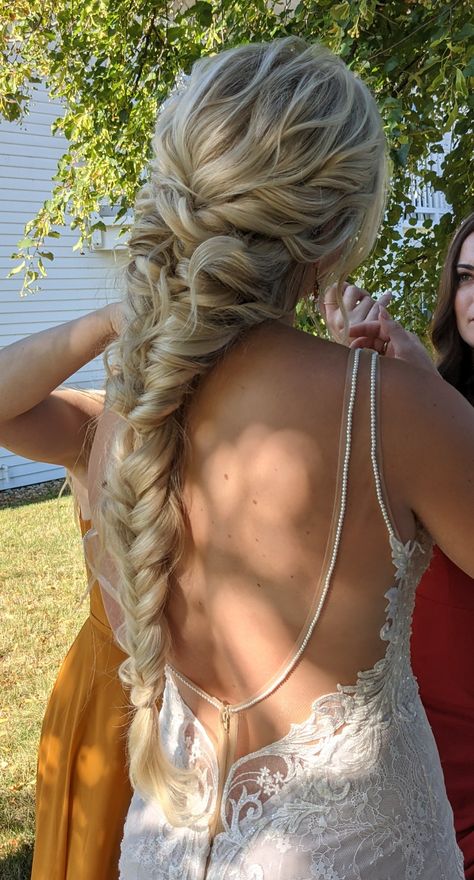 Bridal braid One Braid Wedding Hair, Braid Hoco Hairstyle, Braid For Homecoming, Grad Hairstyles Braid, Bridesmaid Hairstyles Fishtail Braid, Long Side Braid Wedding, Long Braided Hairstyles Wedding, Long Braid Prom Hair, Fancy Braid Hairstyles For Long Hair